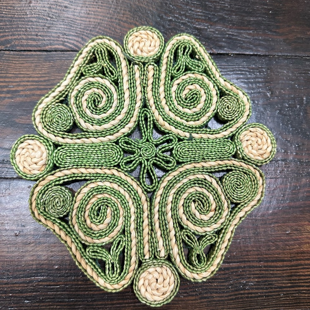 Vintage Handmade Woven Green and Cream Trivet